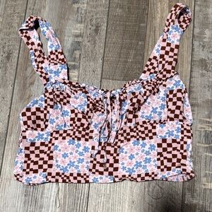 La Hearts Pink and Brown Floral Checkered Crop Top